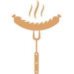 Illustration einer dampfenden Grillwurst auf einer Fleischgabel zur Grillsaison.
